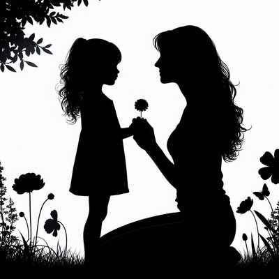 Mother and daughter sharing a flower