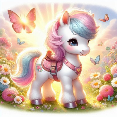 White pony with pink mane in a flower field