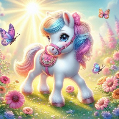 Rainbow pony in meadow