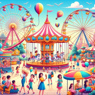 Carousel and ferris wheel at amusement park