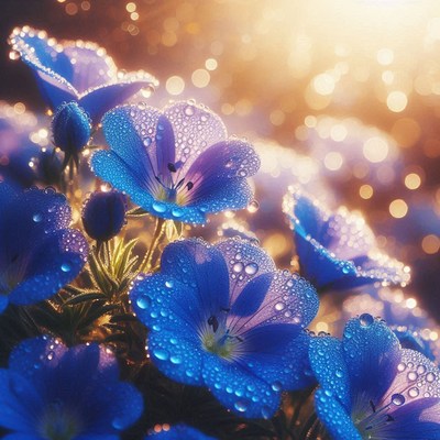 Dew-covered blue flowers at sunset