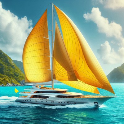 Luxury yacht sailing past islands