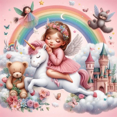 Angel girl riding unicorn through rainbow