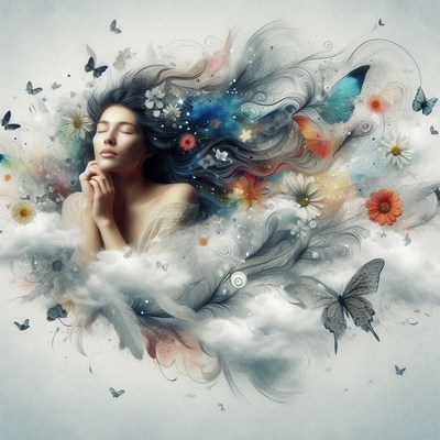 Woman sleeping in clouds with butterflies