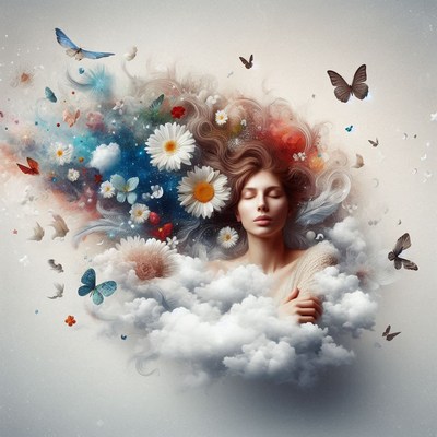 Woman sleeping in clouds with flowers and butterflies