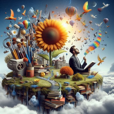 Man reading on a floating island
