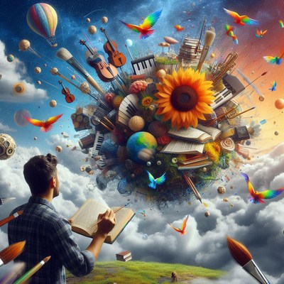 Man reading book with surreal floating world