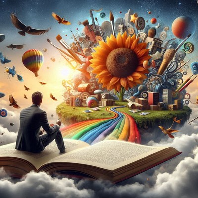 Man contemplating imaginary world in open book