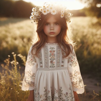 Girl in daisy crown stands in field
