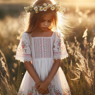 Girl in white dress with flower crown in field