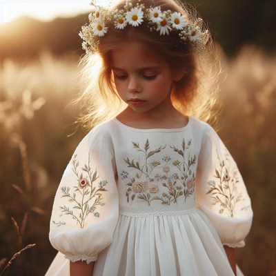 Girl in white dress with floral embroidery