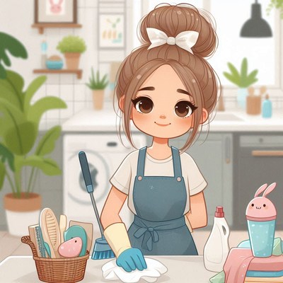 Cartoon girl cleaning kitchen counter