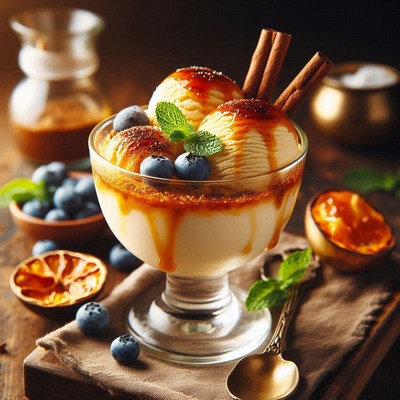 Caramel ice cream sundae with blueberries and cinnamon