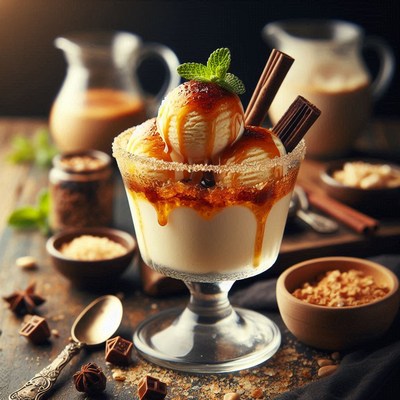 Caramel ice cream sundae with cinnamon sticks