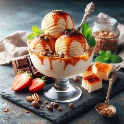 Caramel ice cream sundae with toppings