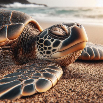 Sea turtle resting on sandy beach