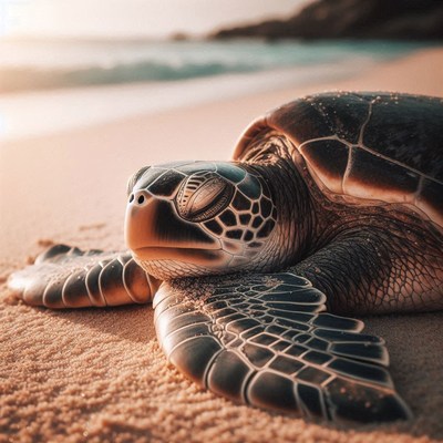 Sea turtle resting on sandy beach