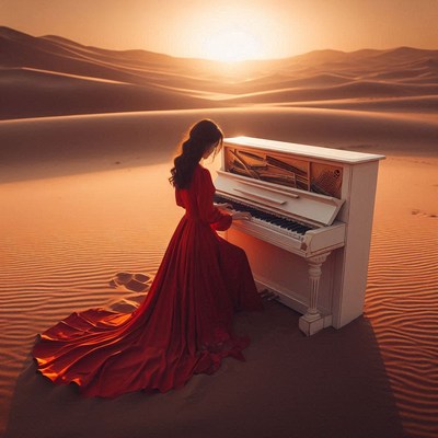 Woman playing piano in desert at sunset