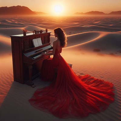 Woman playing piano in desert at sunset