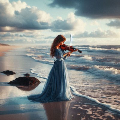 Woman playing violin on beach at sunset