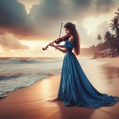 Woman playing violin on beach at sunset