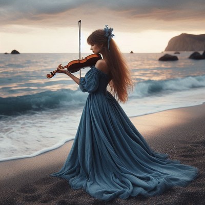 Woman playing violin on beach at sunset