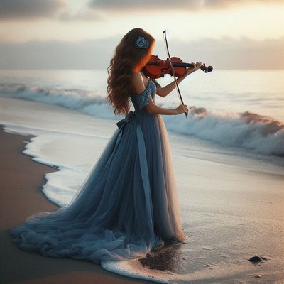 Woman playing violin on beach at sunset