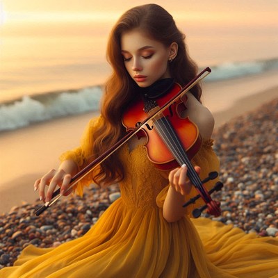 Woman playing violin on the beach at sunset