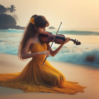 Woman playing violin on beach at sunset