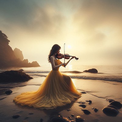 Woman playing violin on beach at sunset