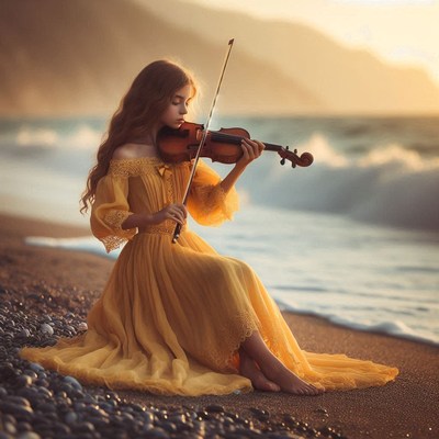 Woman plays violin on beach at sunset