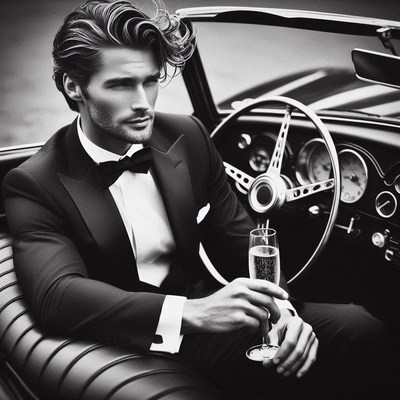 Man in tuxedo drinking champagne in car