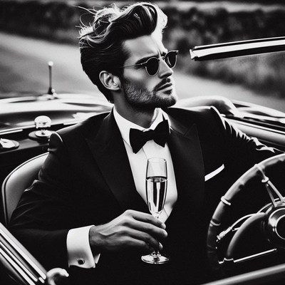 Man in tuxedo drinking champagne in car