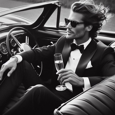 Man in tuxedo enjoying champagne in convertible