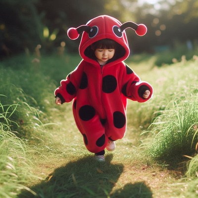 Toddler in ladybug costume walking through grass