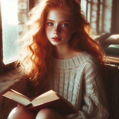 Redhead reading by window