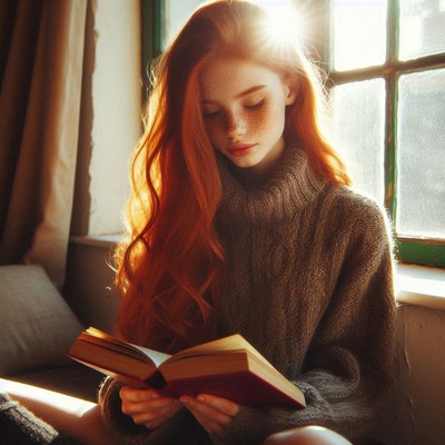 Woman reading book by window