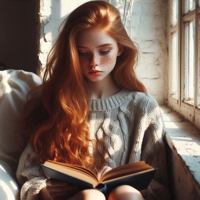 Redhead woman reading by window