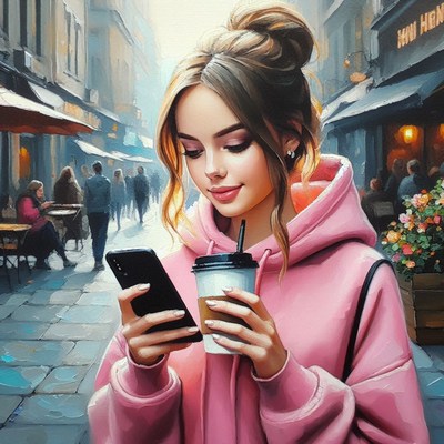 Woman using phone and coffee in city