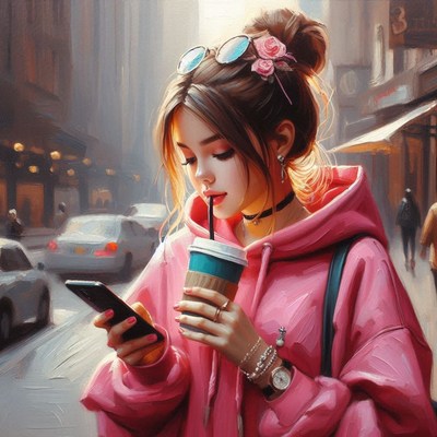 Woman drinking coffee and using phone in city