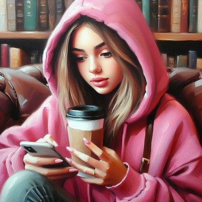 Woman in pink hoodie using phone