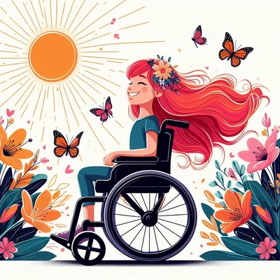Girl in wheelchair smiles in sunny garden