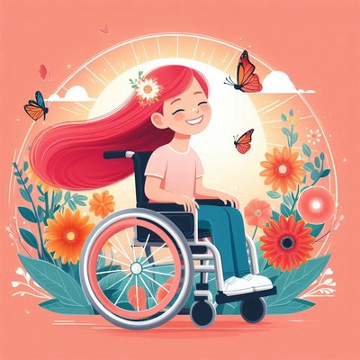 Girl in wheelchair smiling in flower field