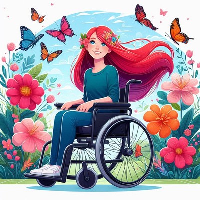 Woman in wheelchair smiles in a garden