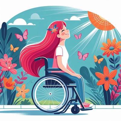 Girl in wheelchair smiles in garden