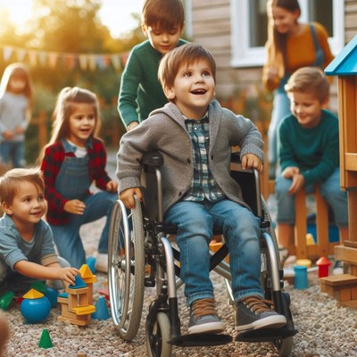 Boy in wheelchair plays with friends