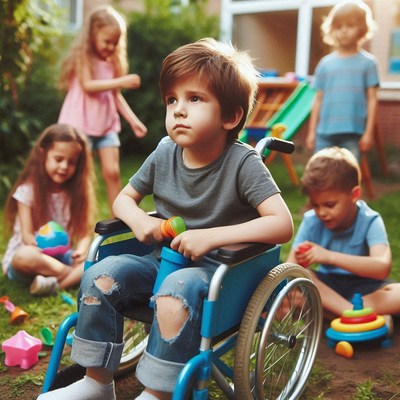 Boy in wheelchair plays in backyard