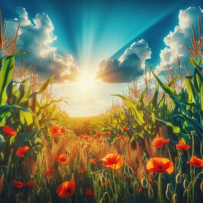 Sunset over cornfield and poppies