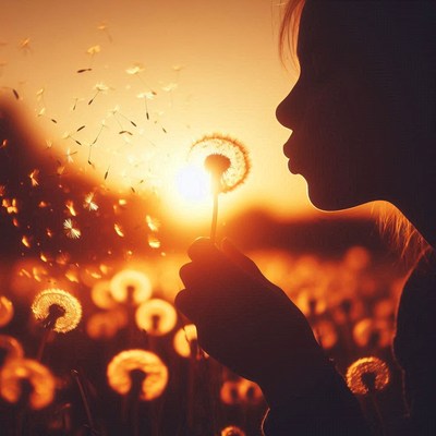 Silhouette of person blowing dandelion at sunset
