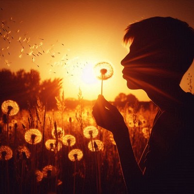 Boy blowing dandelion seeds at sunset